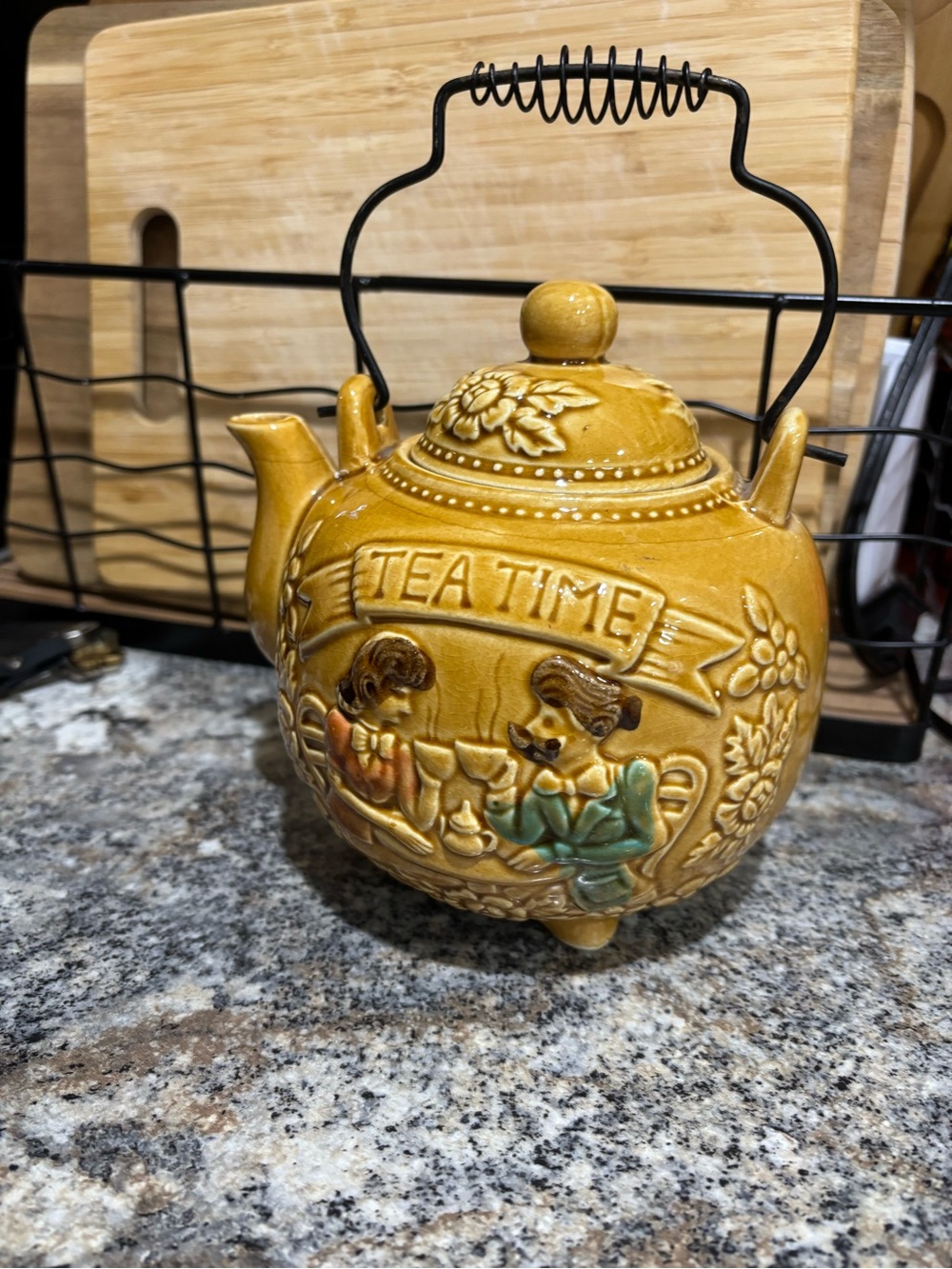 Vintage Yellow Ceramic 'Tea Time' Decorative Teapot with Wire Handle